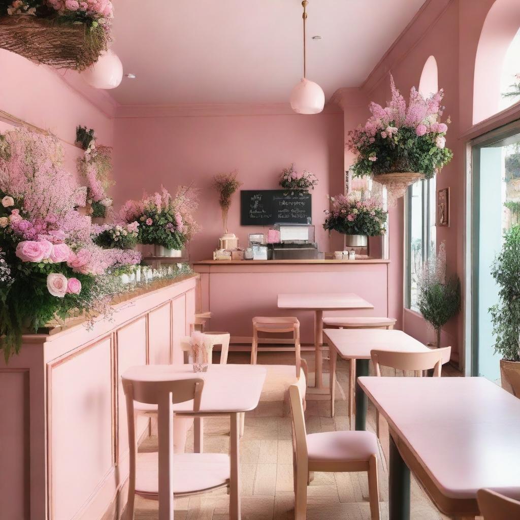 A charming cafe interior with pink and wooden details, adorned with flowers and featuring a mezzanine