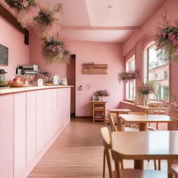 A charming cafe interior with pink and wooden details, adorned with flowers and featuring a mezzanine