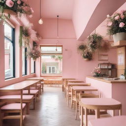 A charming cafe interior with pink and wooden details, adorned with flowers, and featuring a mezzanine