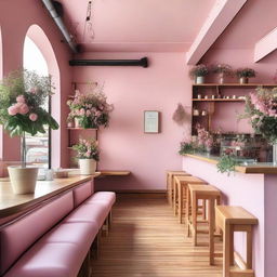 A charming cafe interior with pink and wooden details, adorned with flowers, and featuring a mezzanine