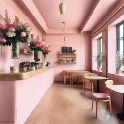 A charming cafe interior with pink and wooden details, adorned with flowers, and featuring a mezzanine