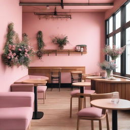 A charming cafe interior with pink and wooden details, adorned with flowers, and featuring a mezzanine