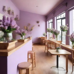 A charming cafe interior with lilac and wooden details, adorned with flowers, and featuring a mezzanine