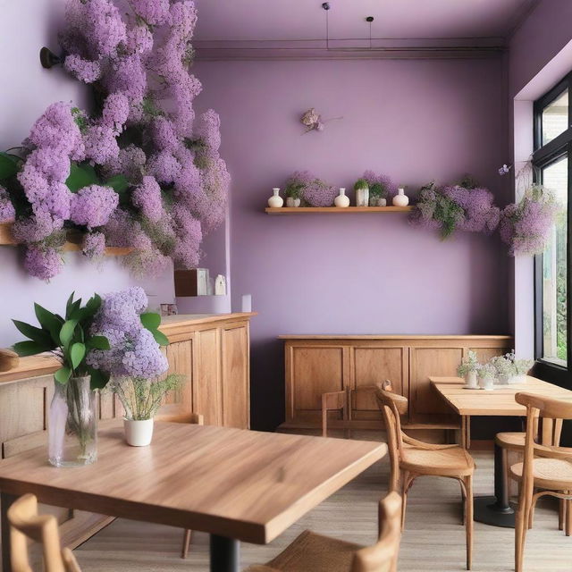 A charming cafe interior with lilac and wooden details, adorned with flowers, and featuring a mezzanine