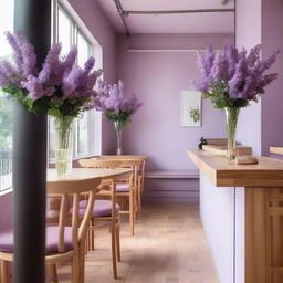 A charming cafe interior with lilac and wooden details, adorned with flowers, and featuring a mezzanine