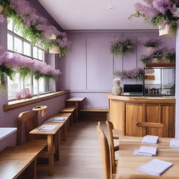 A charming cafe interior with lilac and wooden details, adorned with flowers, and featuring a mezzanine