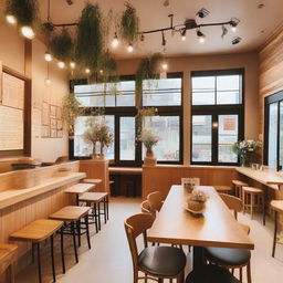 A charming cafe interior with wooden details and flowers, featuring a mezzanine, inspired by BTS and their ARMY fanbase