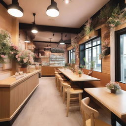 A charming cafe interior with wooden details and flowers, featuring a mezzanine, inspired by BTS and their ARMY fanbase