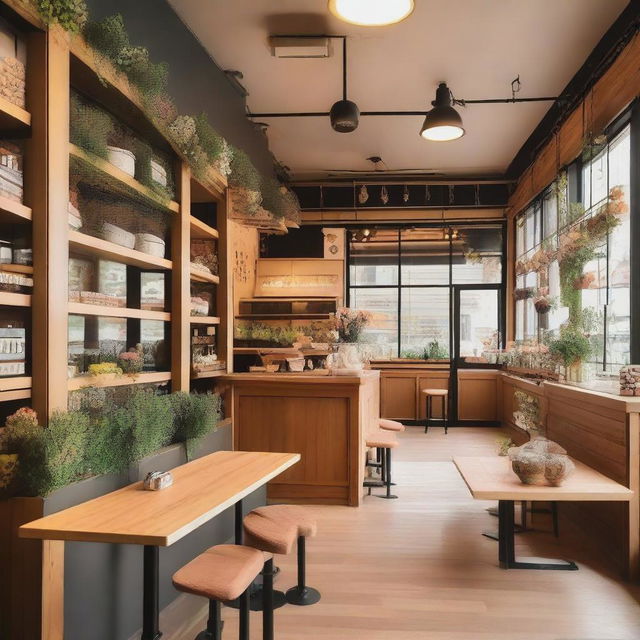 A charming cafe interior with wooden details and flowers, featuring a mezzanine, inspired by BTS and their ARMY fanbase