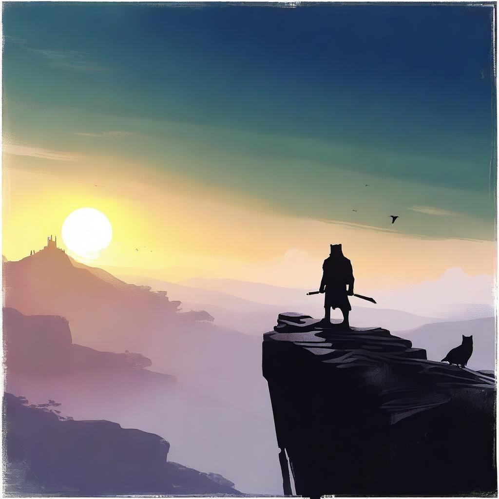 Create a visually stunning movie poster featuring a heroic character standing on a cliff with a dramatic sunset in the background