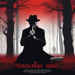 Design a chilling movie poster for a horror film titled 'The Harmonica Man'