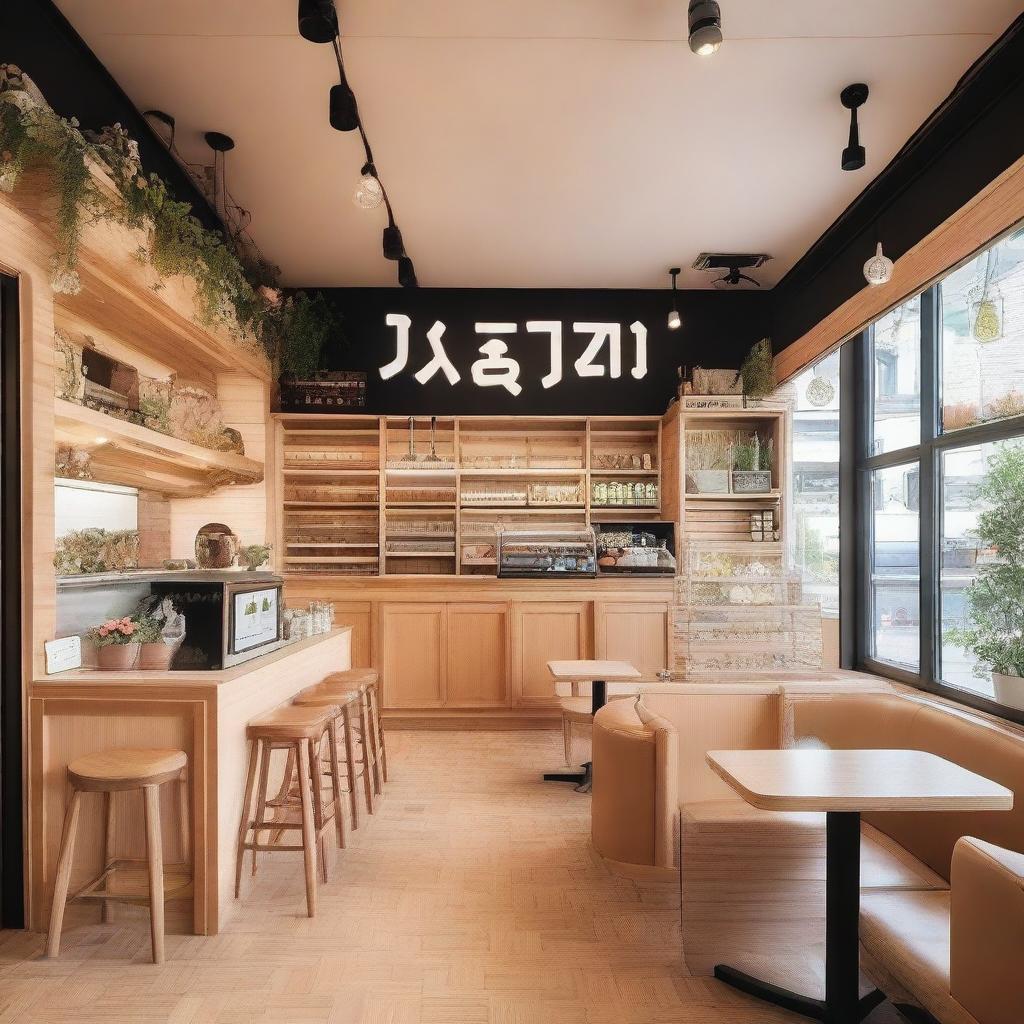 A charming cafe interior with wooden details and flowers, featuring a mezzanine, inspired by the Kpop group BTS