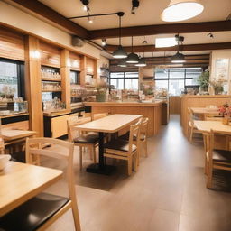 A charming cafe interior with wooden details and flowers, featuring a mezzanine, inspired by the Kpop group BTS