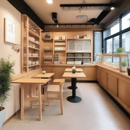 A charming cafe interior with wooden details and flowers, featuring a mezzanine, inspired by the Kpop group BTS