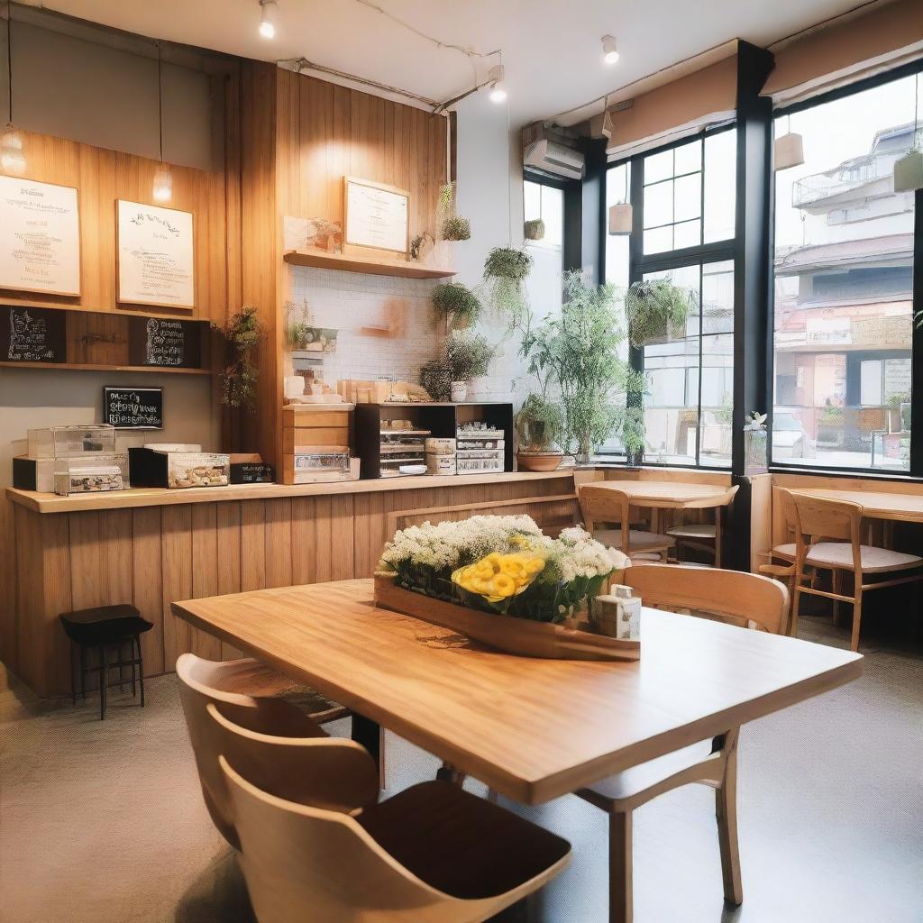 A charming cafe interior with wooden details and flowers, featuring a mezzanine, inspired by the Kpop group BTS