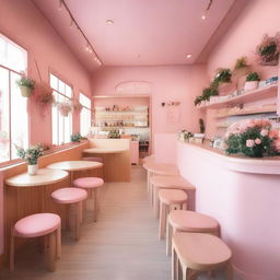 A charming pink cafe interior with wooden details and flowers, featuring a mezzanine, inspired by Kpop culture