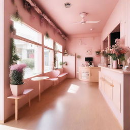 A charming pink cafe interior with wooden details and flowers, featuring a mezzanine, inspired by Kpop culture