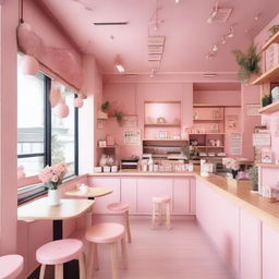 A charming pink cafe interior with wooden details and flowers, featuring a mezzanine, inspired by Kpop culture