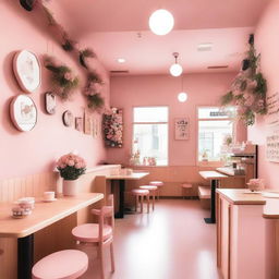 A charming pink cafe interior with wooden details and flowers, featuring a mezzanine, inspired by Kpop culture