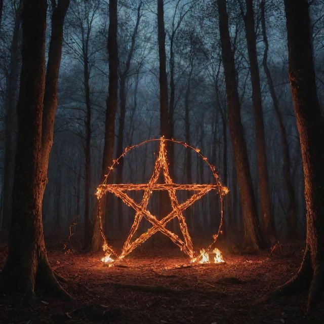 A fiery pentagram in a secluded forest at night, with four mysterious figures surrounding it, immersed in mystical energy.