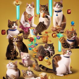 A fun-filled image featuring a number of cats corresponding to Tony's current points, with each cat playfully engaged in different activities.