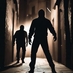 A masked man is chasing another man through a dark alley