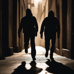 A masked man is chasing another man through a dark alley