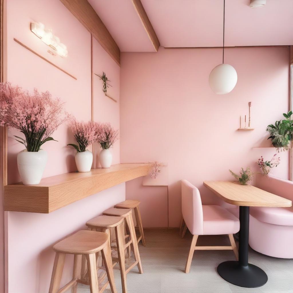 A charming pink cafe interior with wooden details, inspired by Korean aesthetics