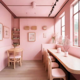 A charming pink cafe interior with wooden details, inspired by Korean aesthetics