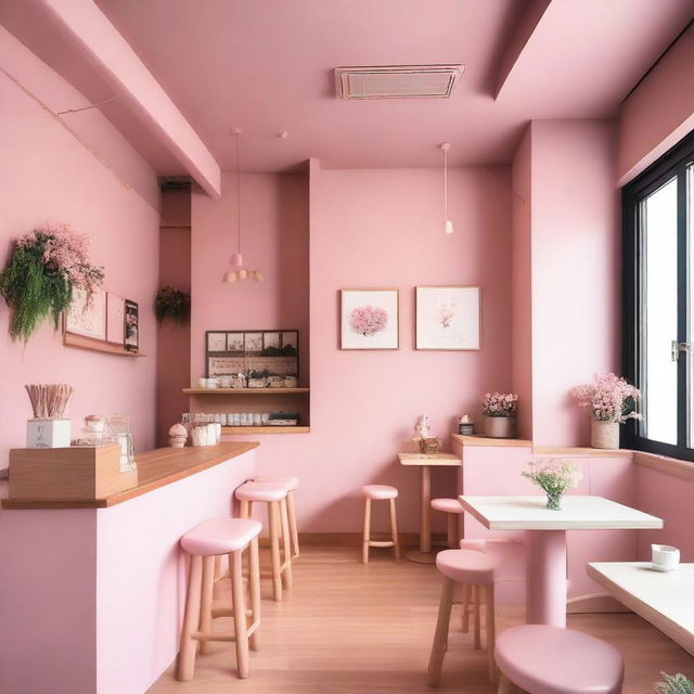 A charming pink cafe interior with wooden details, inspired by Korean aesthetics