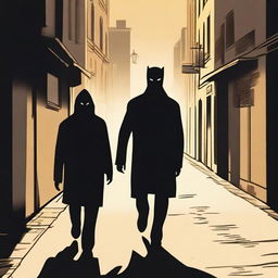 A masked man is discreetly following an innocent man down a quiet street