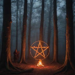 A fiery pentagram in a secluded forest at night, with four mysterious figures surrounding it, immersed in mystical energy.