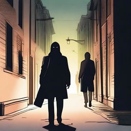 A masked man is discreetly following an innocent man down a quiet street