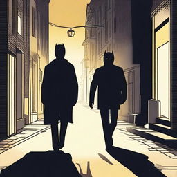 A masked man is discreetly following an innocent man down a quiet street