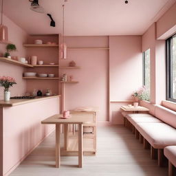 A stylish cafe interior with wooden elements and pink details, inspired by Korean aesthetics