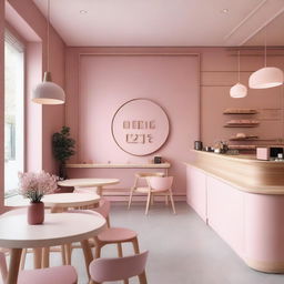 A stylish cafe interior with wooden elements and pink details, inspired by Korean aesthetics