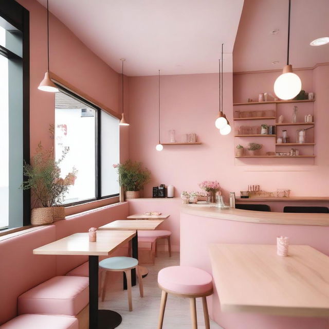 A stylish cafe interior with wooden elements and pink details, inspired by Korean aesthetics