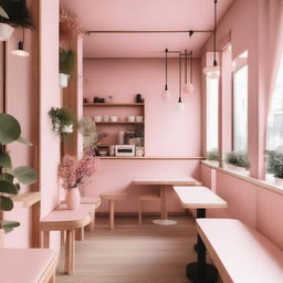 A stylish cafe interior with wooden elements and pink details, inspired by Korean aesthetics