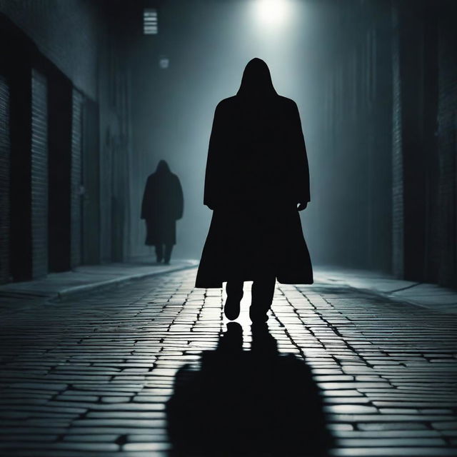 A sinister villain is following an innocent man through a dimly lit urban area