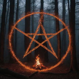 A fiery pentagram in a secluded forest at night, with four mysterious figures surrounding it, immersed in mystical energy.