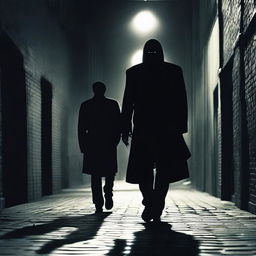 A sinister villain is following an innocent man through a dimly lit urban area