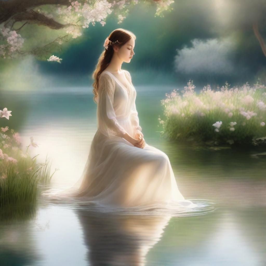 A stunning and ethereal representation of beauty, featuring a serene and elegant figure surrounded by nature