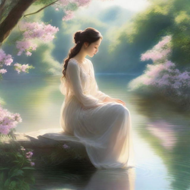 A stunning and ethereal representation of beauty, featuring a serene and elegant figure surrounded by nature