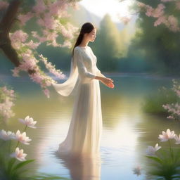 A stunning and ethereal representation of beauty, featuring a serene and elegant figure surrounded by nature