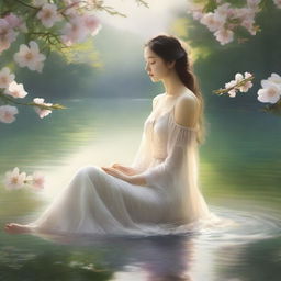 A stunning and ethereal representation of beauty, featuring a serene and elegant figure surrounded by nature