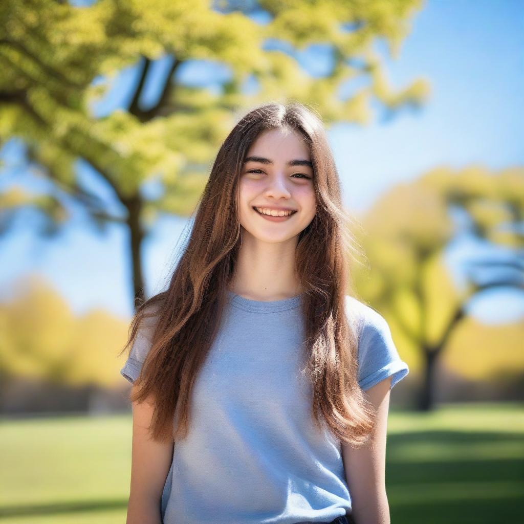 A 17-year-old girl with a cheerful expression, wearing casual clothes, standing in a park with trees and a clear blue sky in the background