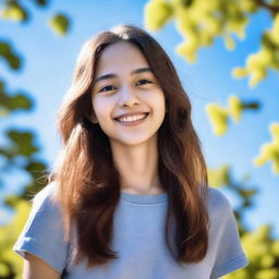 A 17-year-old girl with a cheerful expression, wearing casual clothes, standing in a park with trees and a clear blue sky in the background