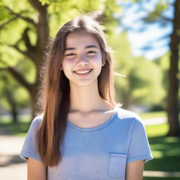 A 17-year-old girl with a cheerful expression, wearing casual clothes, standing in a park with trees and a clear blue sky in the background