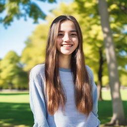 A 17-year-old girl with a cheerful expression, wearing casual clothes, standing in a park with trees and a clear blue sky in the background