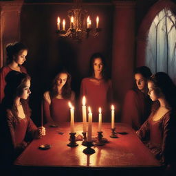 The room they entered was lit by flickering candles, casting an eerie glow on the faces of the men and women gathered around a large, scratched table